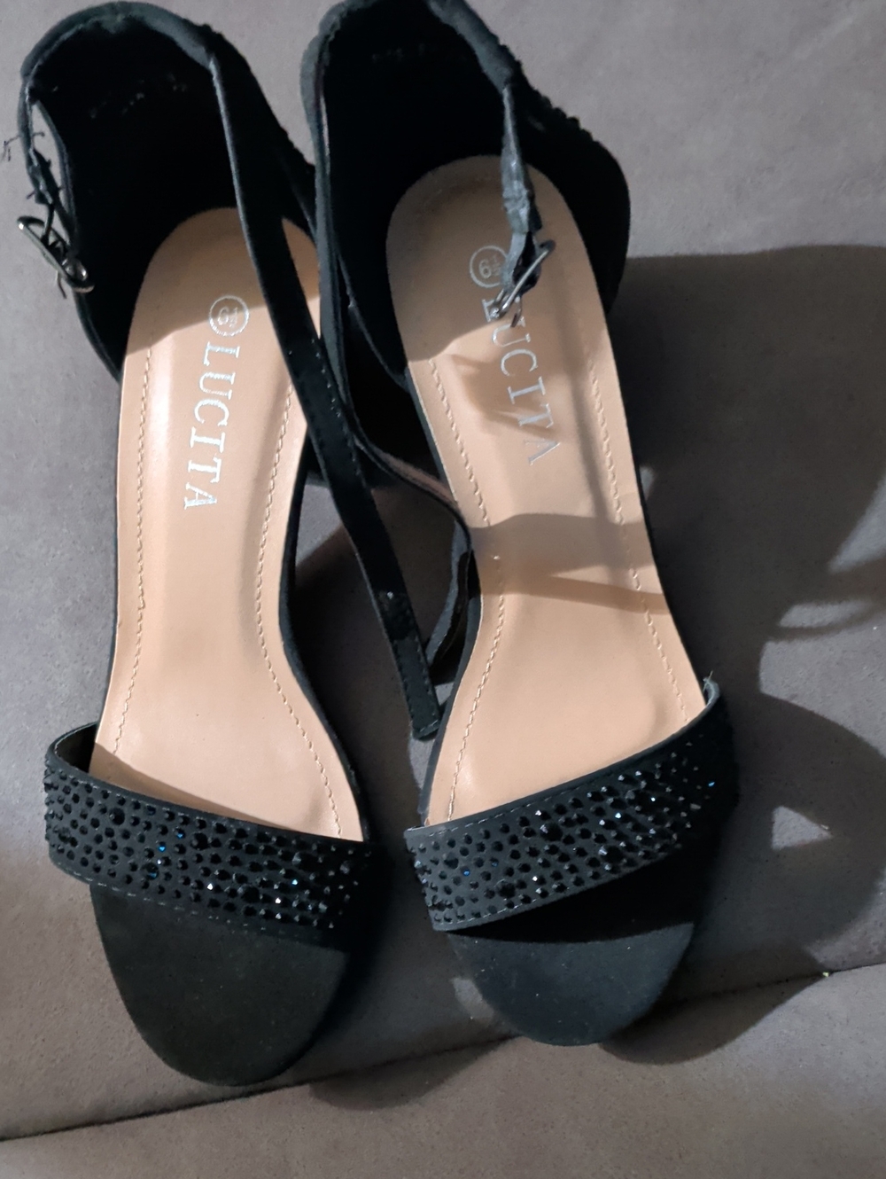 Lucita Black Rhinestone Evening Block-Heel Sandals